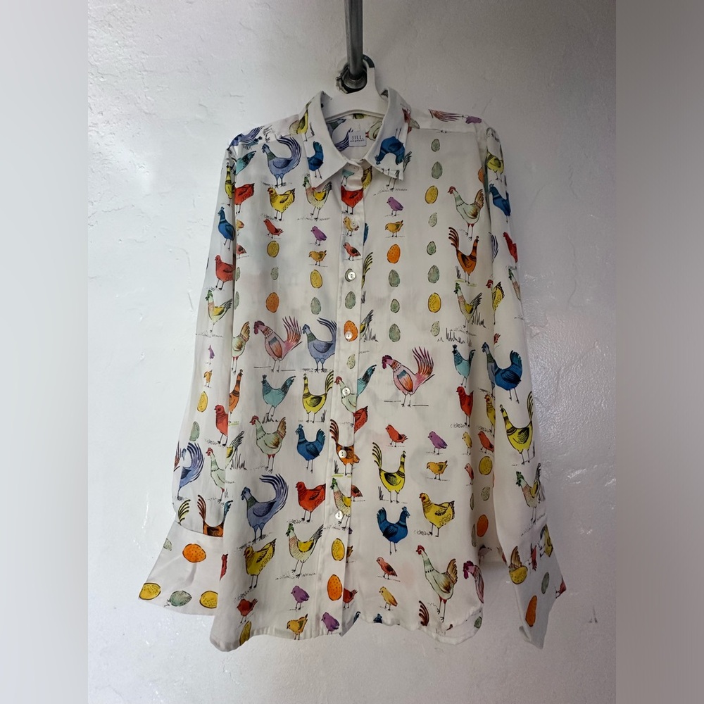 Jill McGowan Birds / Chickens / Colorful Eggs Cotton Button Up / Size Small
